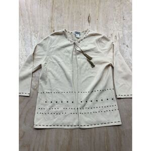 DUE PER DUÉ COLLECTION SIZE M Rayon Nylon Beige Cardigan Tassels Beaded Sweater